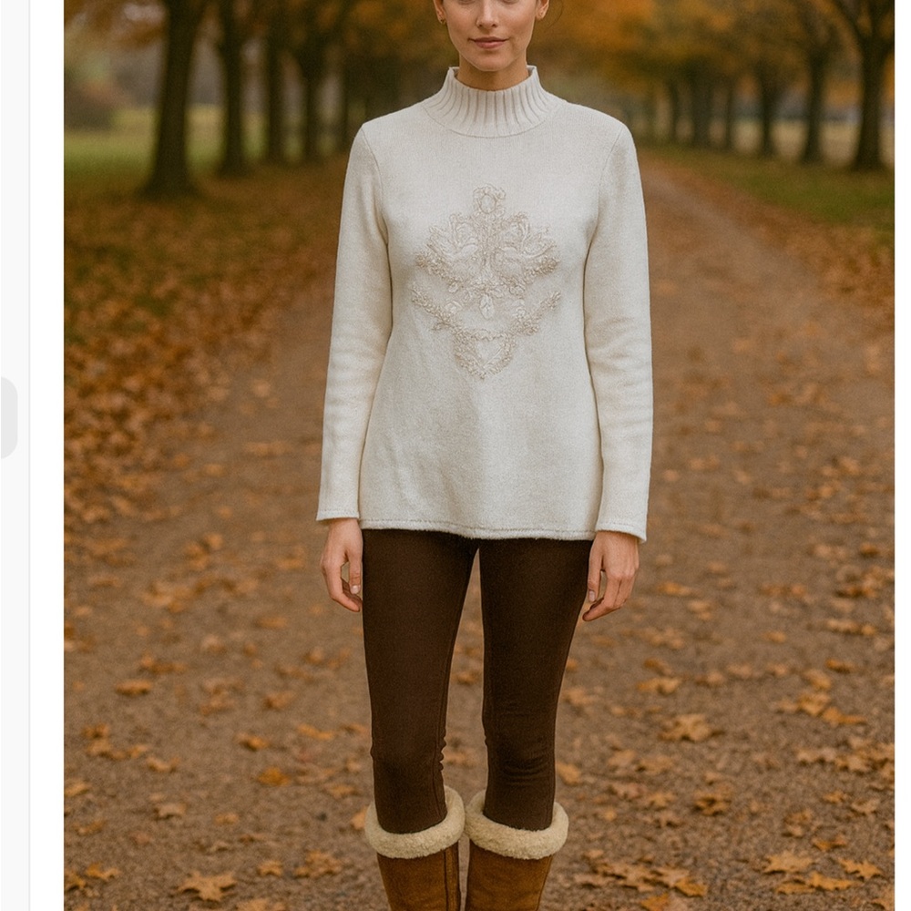 Coldwater Creek Embroidered Doves Sweater cream white mock neck angora ivory M